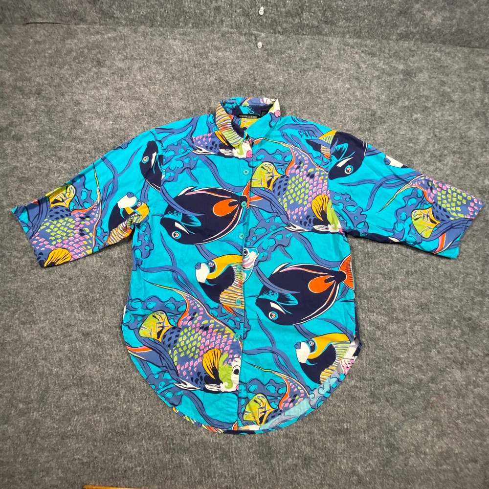 Counterparts Vintage Tropical Fish Print Cotton Button Up Shirt Turquoise 10